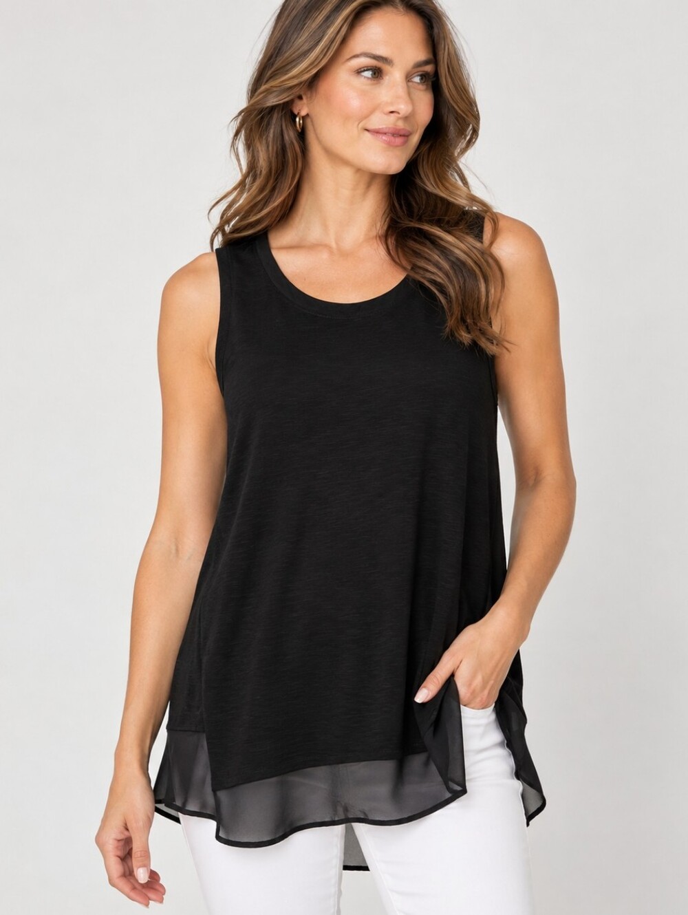 Adrienne Vittadini Black Sheer Hem Sleeveless Tunic Top Size Large